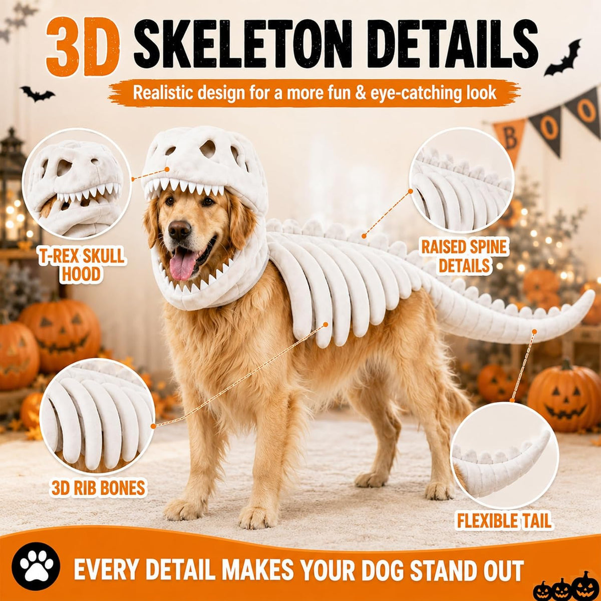 Dog Dinosaur Costume, Glow in the Dark Dinosaur Halloween Costume for Dogs (47.2inch(Big Dog))