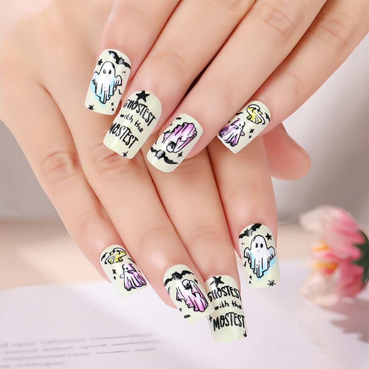 48Pcs Halloween Press on Nails Ghost Stick on Fingernails Monster Short Square False Nails Glossy Black Spider Web Acrylic Fake Nail Skull Gel Glue on Nail for Coquette Women Girls