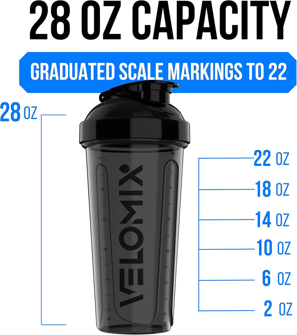 VELOMIX 2 Pack 28oz Protein Shaker Bottle for Protein Mixes, Black/Transpar