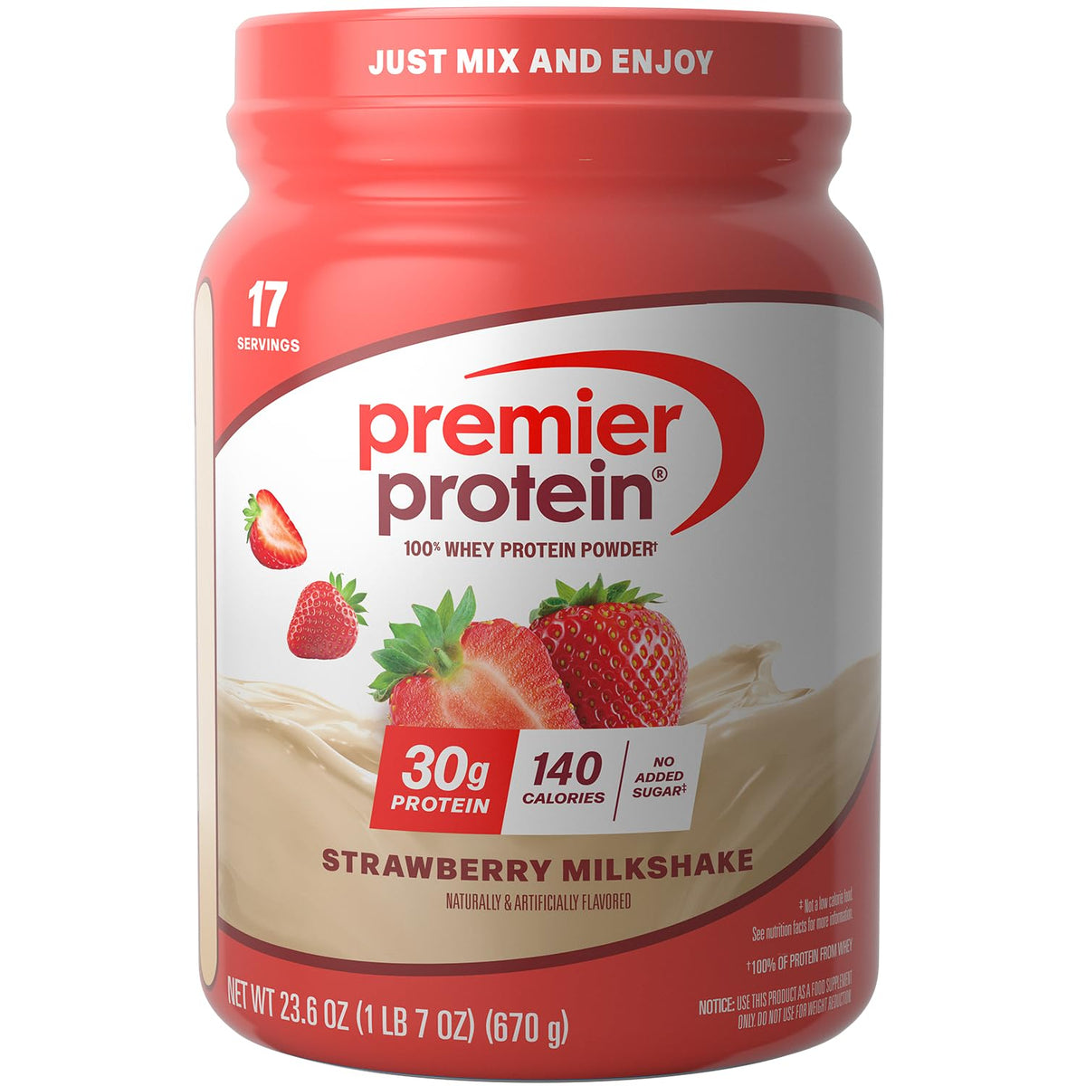 Premier Protein Powder, Vanilla Milkshake, 30g Protein, 1g Sugar, 100% Whey Protein, Keto Friendly, No Soy, Gluten Free, 23.3 oz (17 Servings)