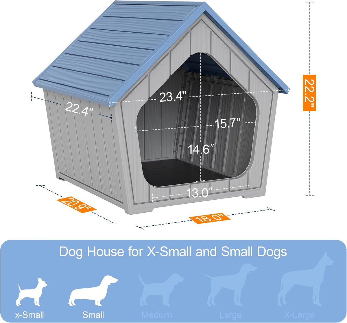 Bifanuo Dog House Outdoor Indoor for Small Dogs - Plastic Pet Shelter, Easy-Assemble & Weather-Resistant for Living Room, Balcony (Blue, 18" L x 22.4" W x 22.2" H)
