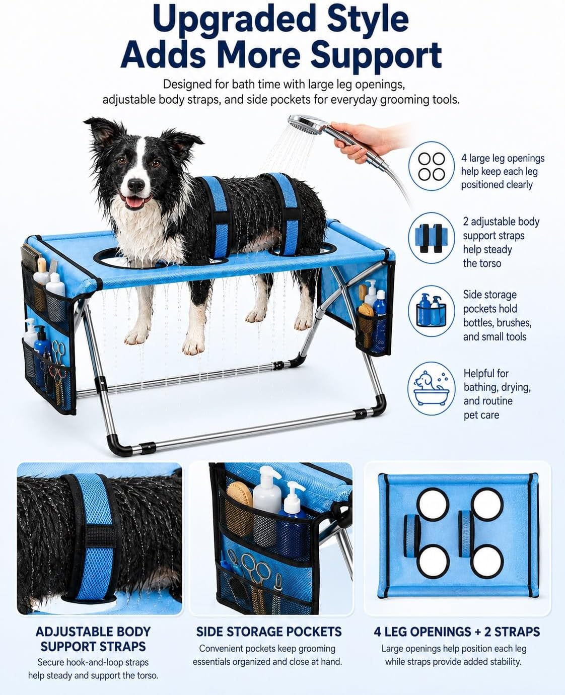 Dog Grooming Hammock Stand, Foldable Dog Bath Holder Sling Shower Chair | Heavy-Duty Pet Bath Stool for Small & Medium Dogs, Home Salon Grooming, Washable Mesh, Joint Support & Restraint(Blue,Base)