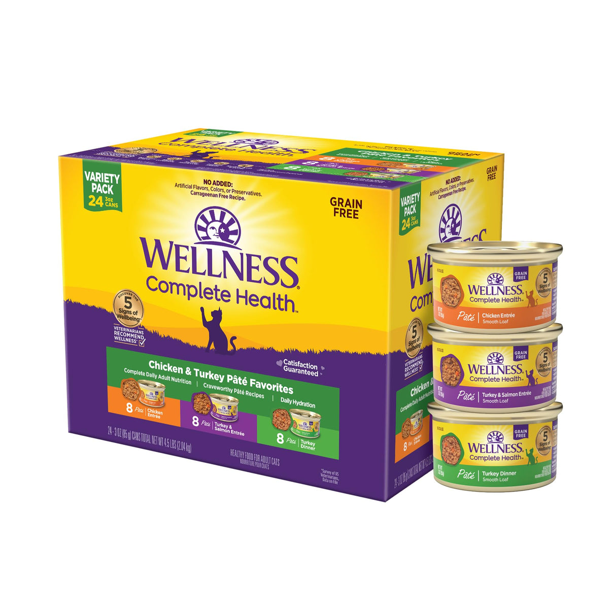 Wellness Complete Health Pate Variety Pack Adult Canned Wet Cat Food, Natural, Protein Rich, Grain Free, Seafood Favorites, 3 oz, Pack of 24 Cans