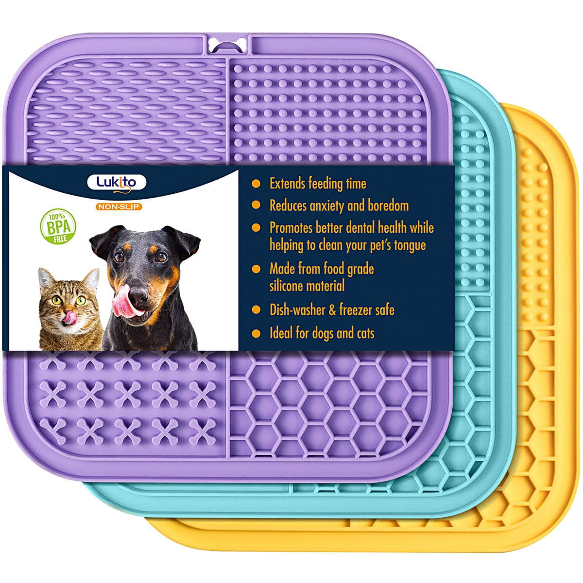 LUKITO Lick Mat for Dogs & Cats 2 Pack, Slow Feeder Licking Pad with Suction Cups for for Anxiety Relief and Boredom Reducer, Perfect for Bathing Grooming