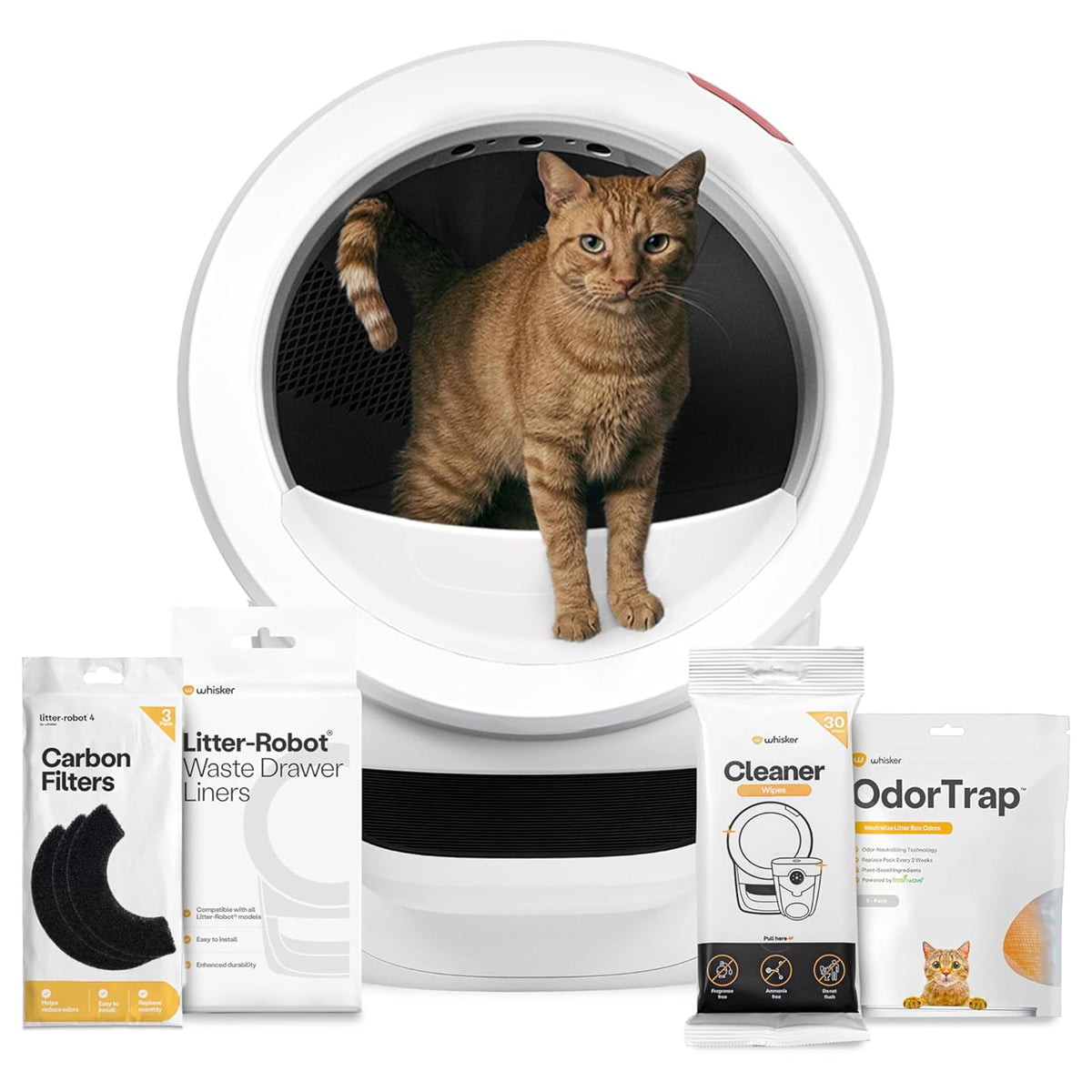 Litter-Robot 4 Supply Bundle by Whisker, Black - Automatic | Automatic, Self-Cleaning Cat Litter Box, Includes 3 OdorTrap Refills, 10 Liners, 30 Cleaner Wipes, & 2 Carbon Filters