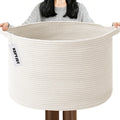 Large Woven Blanket Basket,65L Cotton Rope Laundry Basket Hamper with Handles, Decorative Nursery Basket Storage Bin for Toys, Clothes Organizer, Living Room, Bedroom, Bathroom, White & Brown