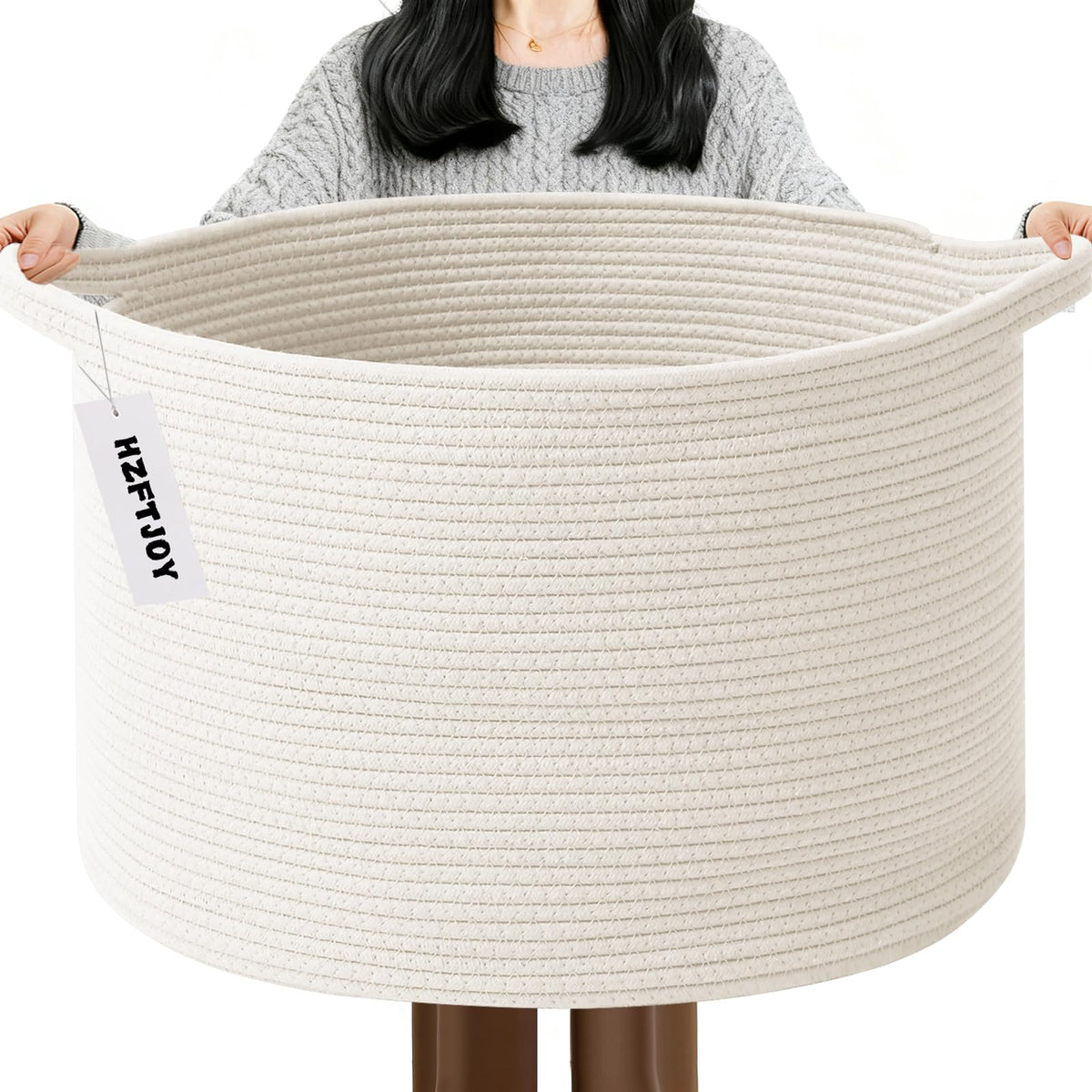 Large Woven Blanket Basket,65L Cotton Rope Laundry Basket Hamper with Handles, Decorative Nursery Basket Storage Bin for Toys, Clothes Organizer, Living Room, Bedroom, Bathroom, White & Brown