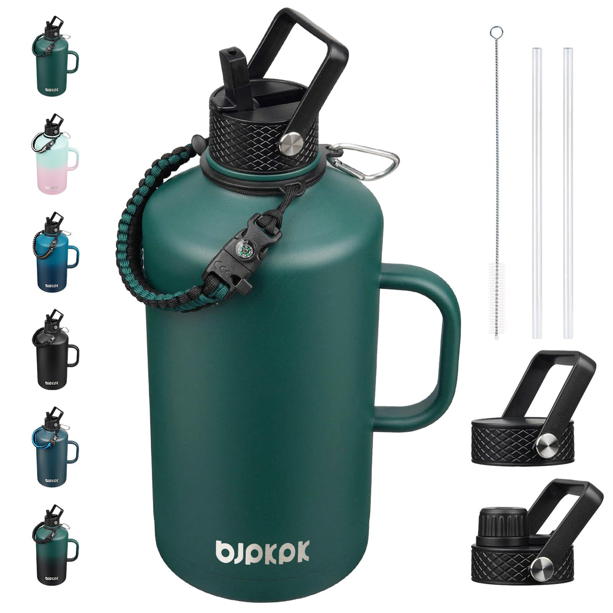 BJPKPK Half Gallon Insulated Water Bottles with Straw Lid & Side Handle, 64oz Large, Stainless Steel Water Bottles with 3 Lids and Paracord Strap, Metal Water Jug,Black