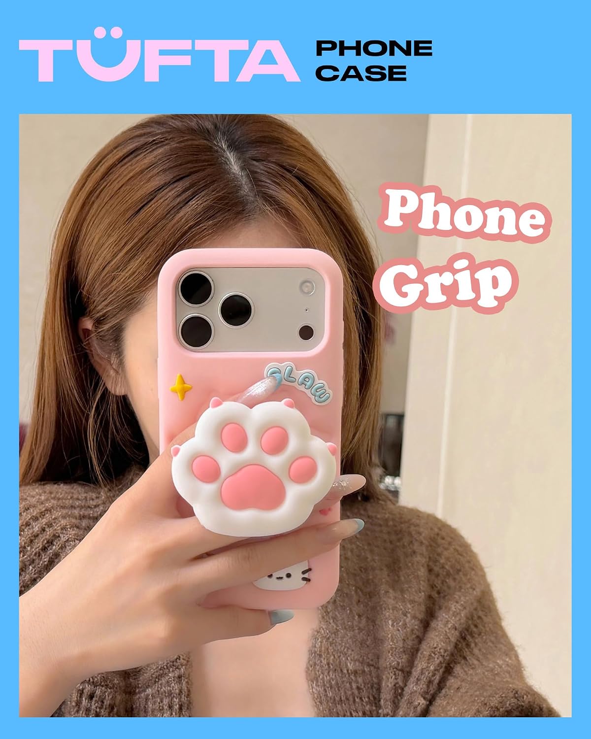 for iPhone 13 Pro Case, Kawaii 3D Cat Paw Pop-Up Grip for Girls