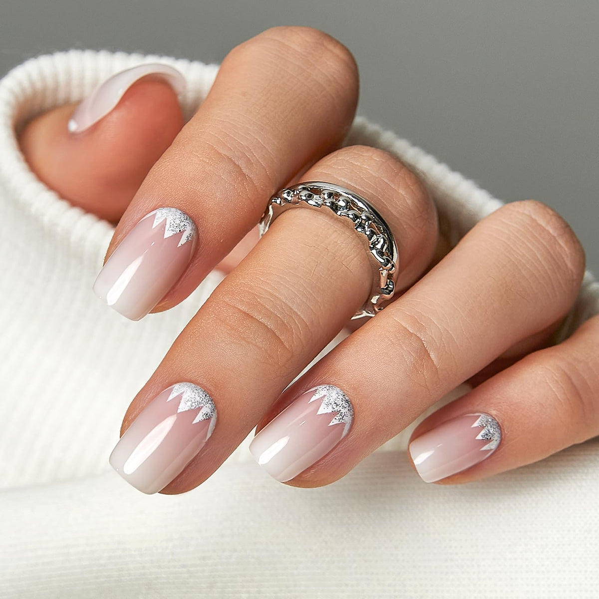 CurvLife Milky White Square Press on Nails Short, Soft Gel Fake Nails with Clean Nude Apricot Design Full Cover False Nails Glossy Nude Glue on Nails Artificial Stick on Nails for Women