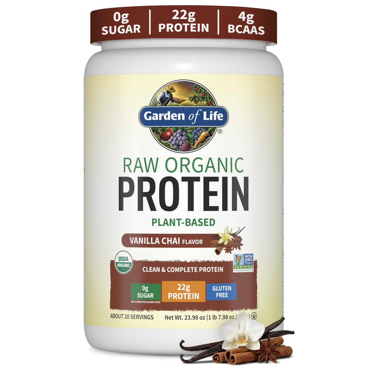 Garden of Life Protein Powder, Vegan Protein Powder, BCAA, Probiotics & Digestive Enzymes, Gluten & Lactose Free, Unflavored, 20 Servings