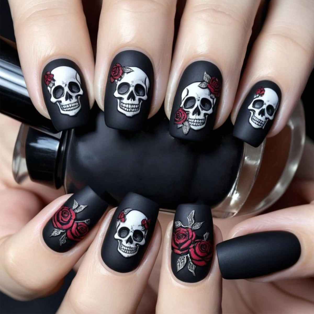 48Pcs Halloween Press on Nails Ghost Stick on Fingernails Monster Short Square False Nails Glossy Black Spider Web Acrylic Fake Nail Skull Gel Glue on Nail for Coquette Women Girls