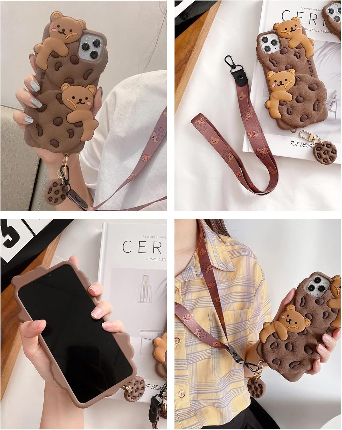 Case for iPhone 11 with Strap Lanyard Keychain Cute Bear Cookie Kawaii Funny Soft Silicone Shockproof Protective Cover for Women Girls