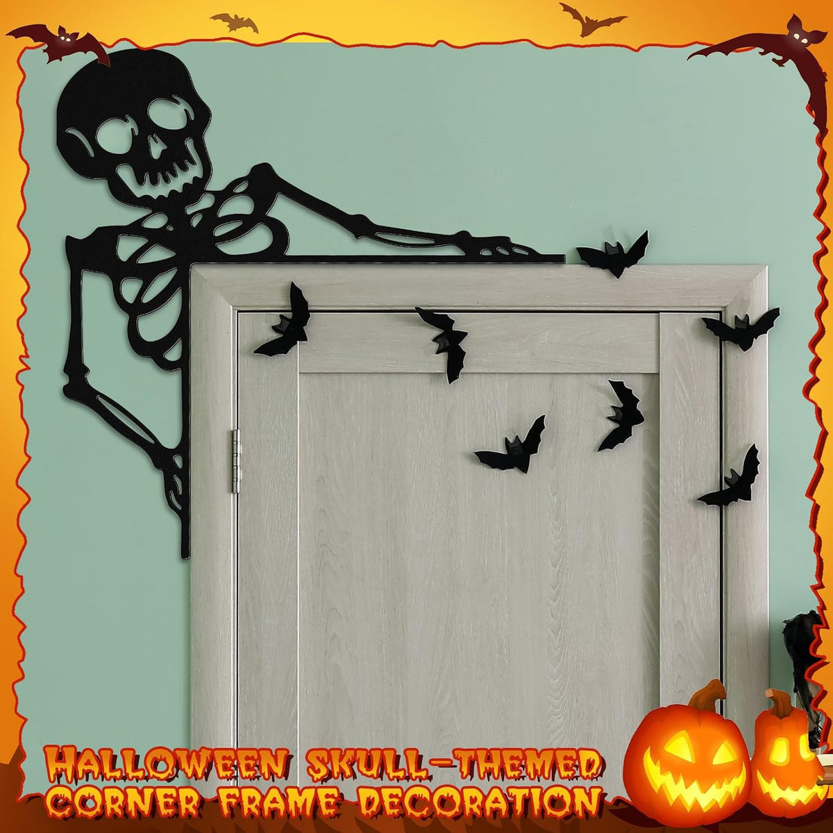 Yaocom 11.8" x 11.8" Metal Halloween Door Topper, Black Skeleton Sign