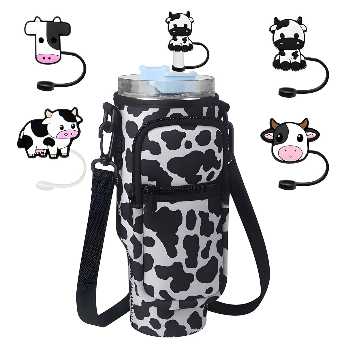 Stanley Cup Bag, Cup Holder for Stanley 30oz/40oz Tumbler with Handle, Stanley Carrier Bag with 4Pcs Cute Straw Topper for Stanley Cup Accessories