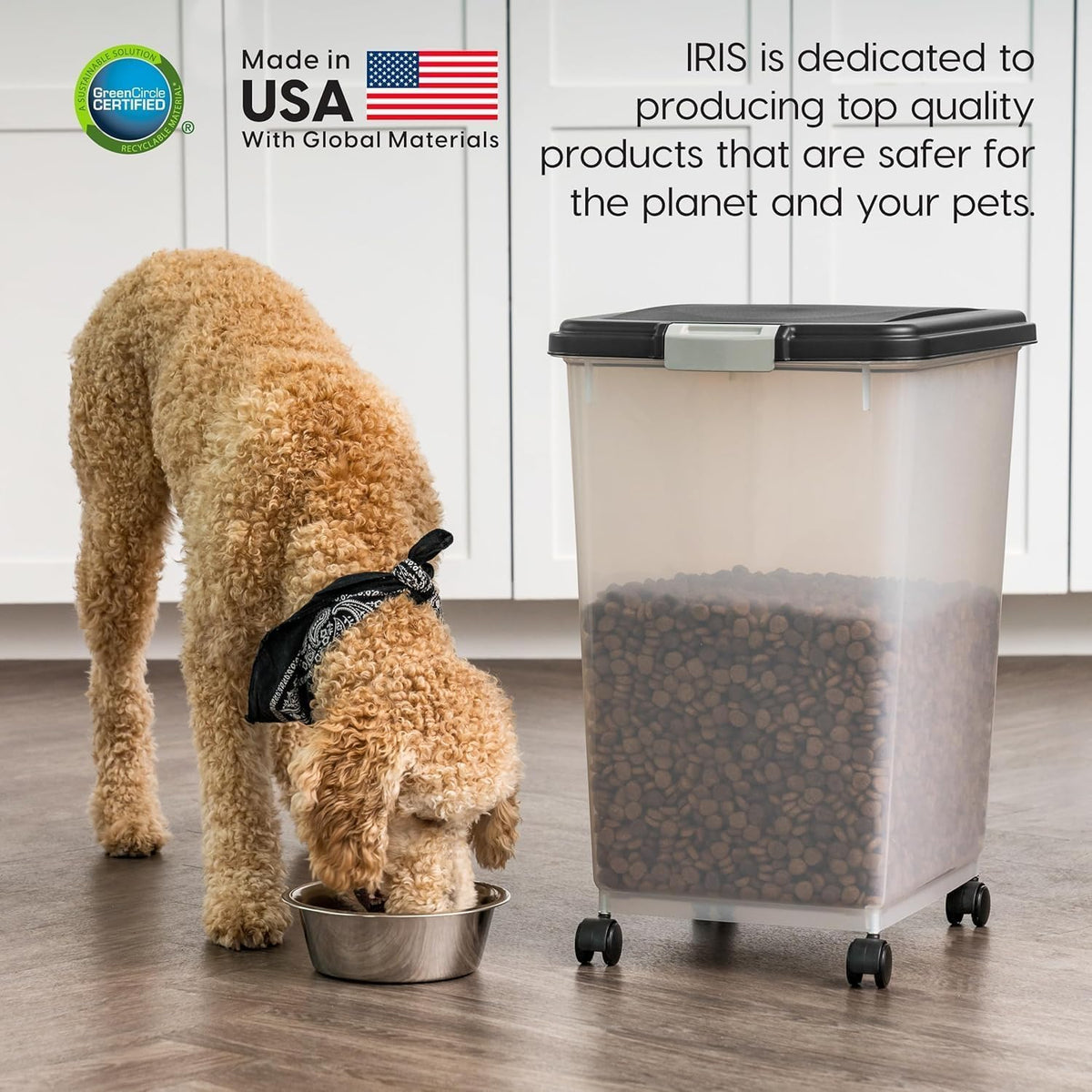 IRIS USA Airtight Dog Food Storage Container, Up to 54 lbs, Attachable Wheels, For Dog Cat Bird and Other Pet Food Storage Bin, Keep Fresh, Translucent Body, Easy Mobility, Black