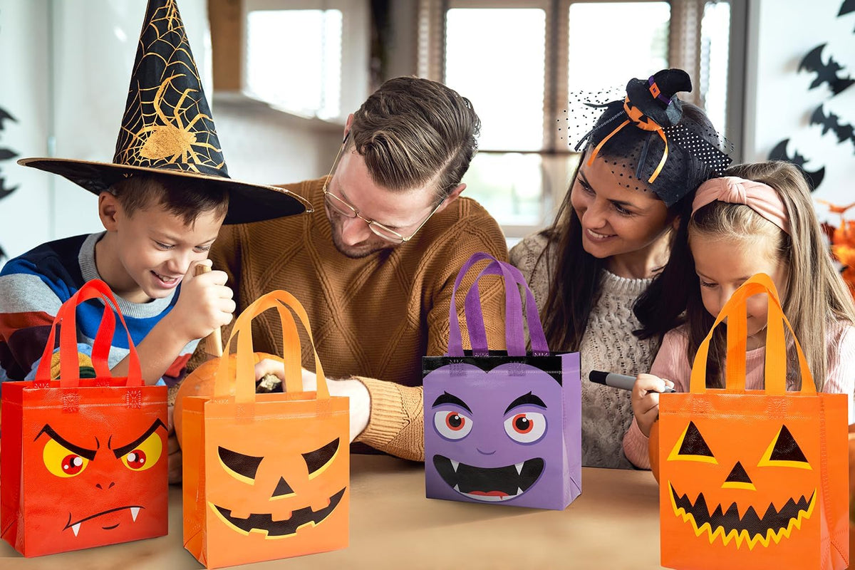 Jaywayang 8Pcs Halloween Trick or Treat Tote Bags with Handles ， Reusable Non-Woven Ghost Face Gift Bags for Adults Kids Gifts Wrapping, Party Supplies.