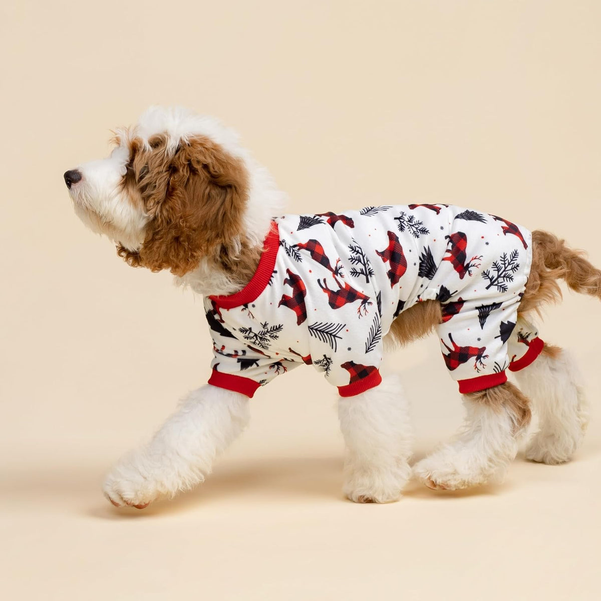 Fitwarm Reindeer Dog Christmas Pajamas, Winter Doggy Clothes for Small Dogs Boy Girl, Fleece Dog Onesie with Feet, Holiday Pet Outfit, Black, White, Red, Medium