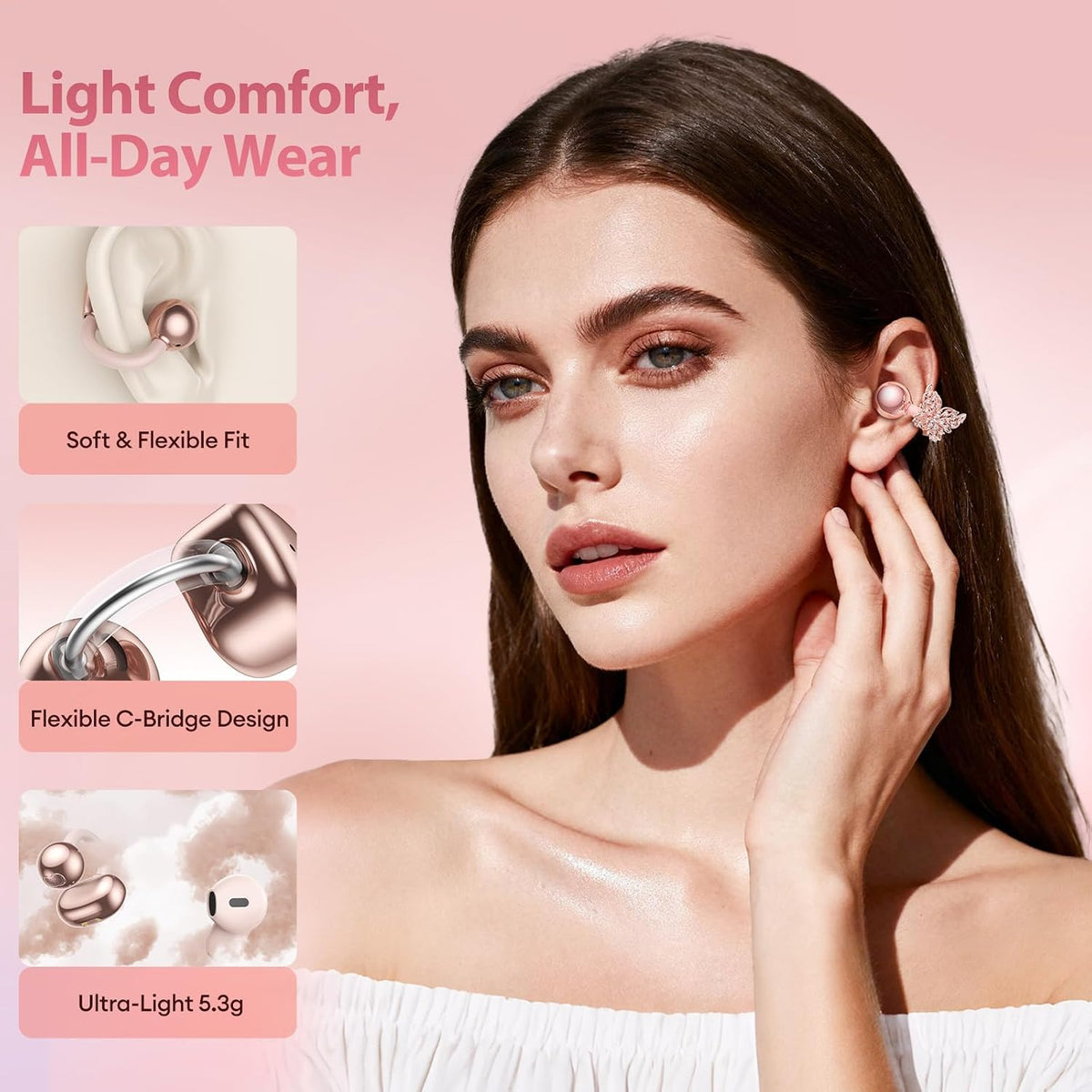 PAXA 3 in 1 Ctbuds Stylish Jewelry-Style Clip on Open Ear Headphones Wireless Earbuds, Instant Earring Mode, Ultra-Long 140H Play, Bluetooth 6.0, All-Day Wear for Work Fitness Daily Use, Rose Gold