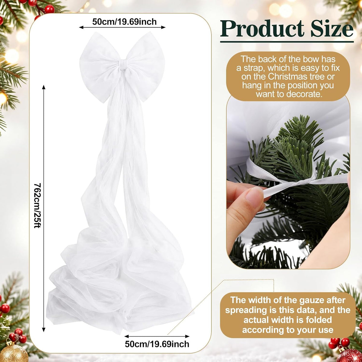 White Large Christmas Bow for Tree Topper 25 ft, White, Tulle