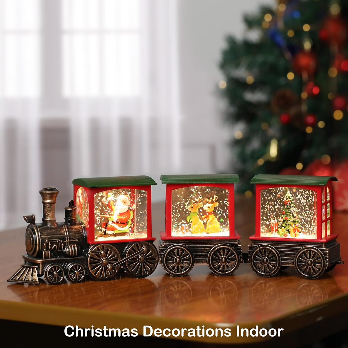 Train Snow Globe Christmas Snow Globe Lantern with Auto 6H Timer and Manual Glitter, Lighted Christmas Decorations Indoor with Santa Claus Reindeer Tree for Home Tabletop, Battery Operated