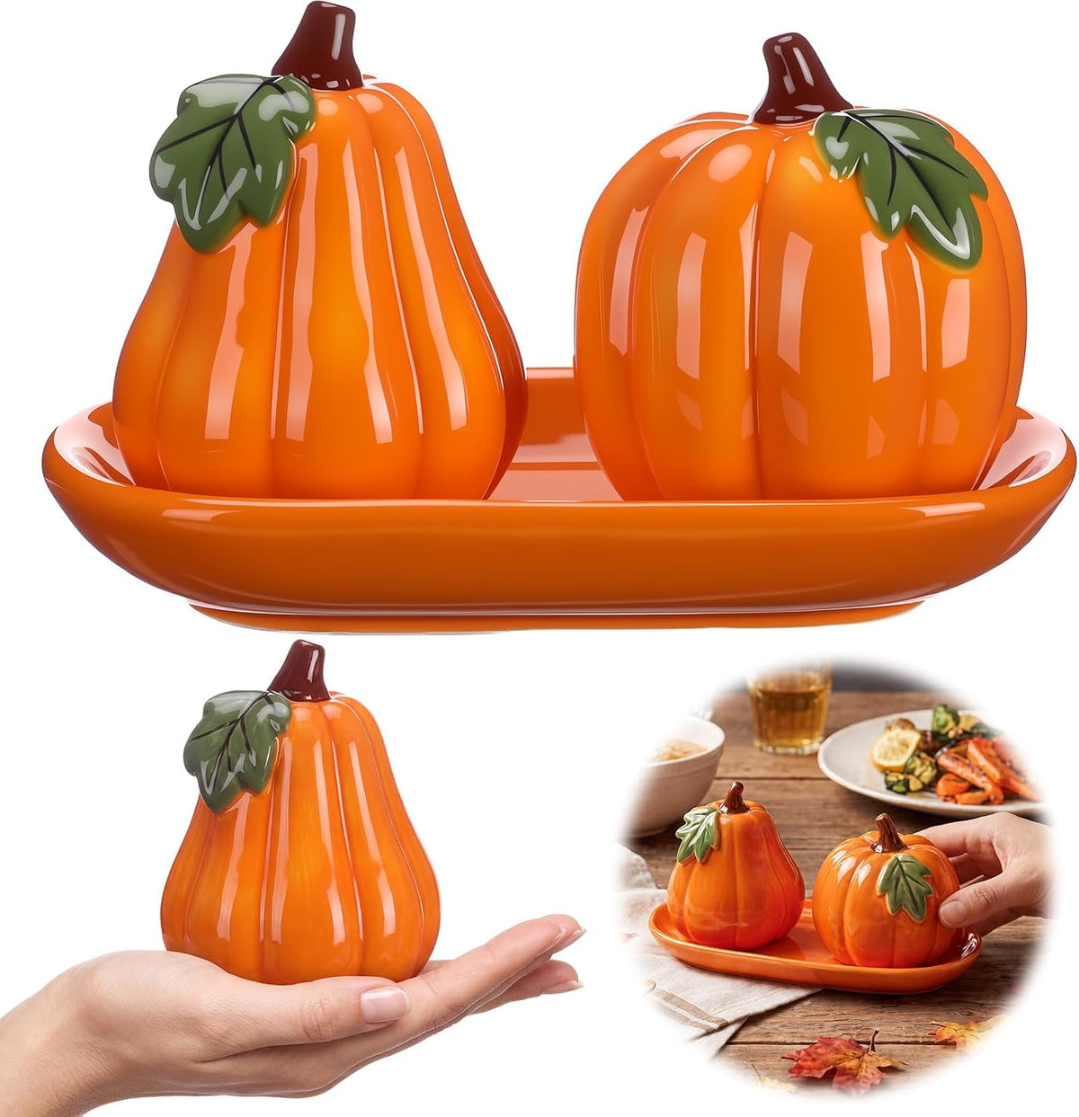 Set of 3 Thanksgiving Pumpkin Salt and Pepper Shakers with Tray Ceramic