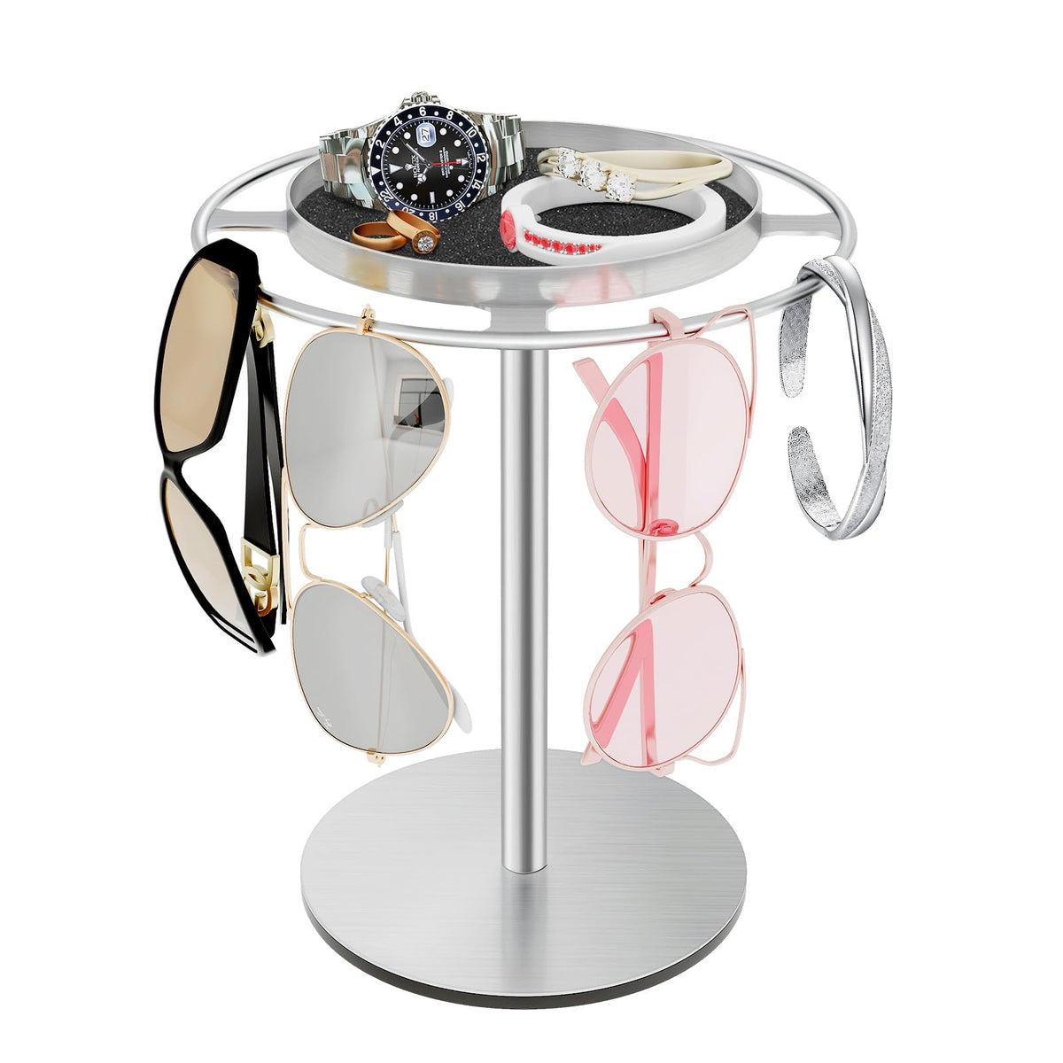 LSK Metal Sunglasses Organizer, Glasses Holder Stand with Storgae Tray, Eyeglasses Holder with Anti-Slip Pads for Tabletop, Desk, Dresser, Gold