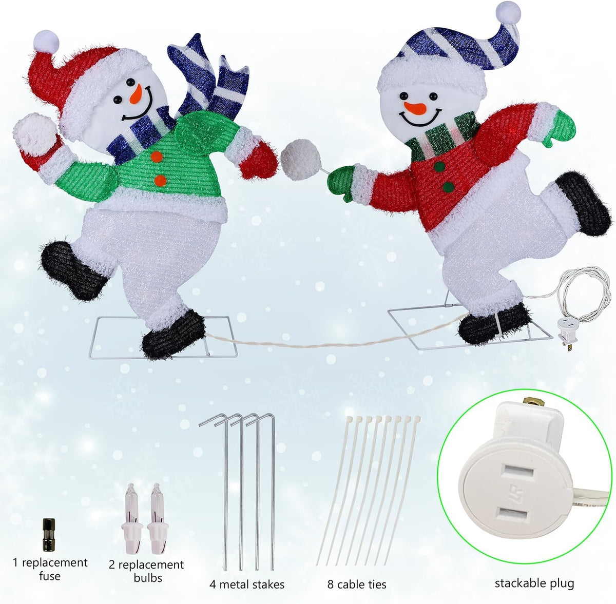 Set of 2 Lighted Snowmen Christmas Decorations, Pre-Lit 2D Tinsel Cute Snowman Snowball Fight with Lights, Light Up & Plug in for Indoor Outdoor Xmas Winter Holiday Yard Lawn Garden Decor