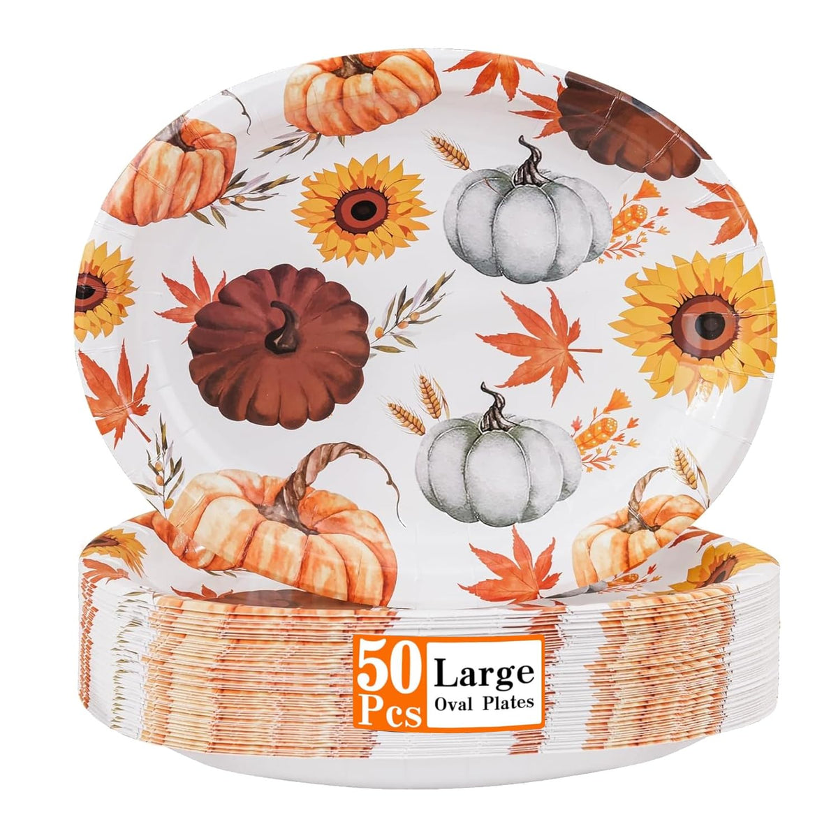 50Pack Thanksgiving Oval Plates Paper - 10" x 12" Happy Thanksgiving Plates Disposable Dinner Supply - Turkey Thankful Pattern
