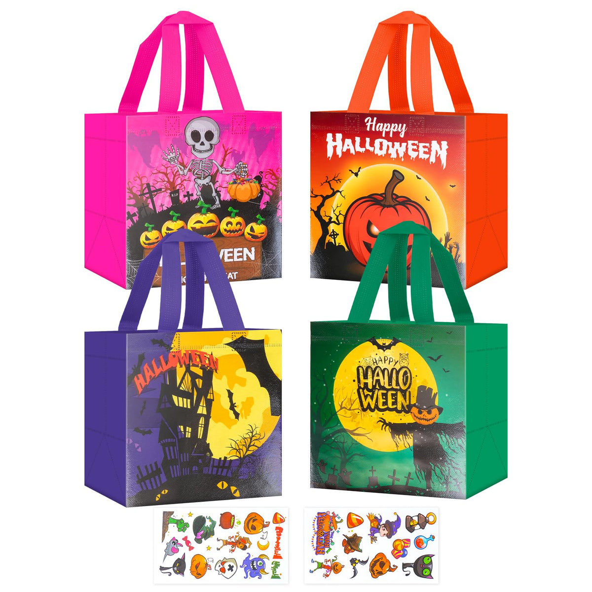 Lyforpyton 4Pcs Halloween Goodie Bags, Small Non-Woven Gift Bag with Handles, Suitable for Halloween Trick or Treat Party, 9"x8.6"x4.3"