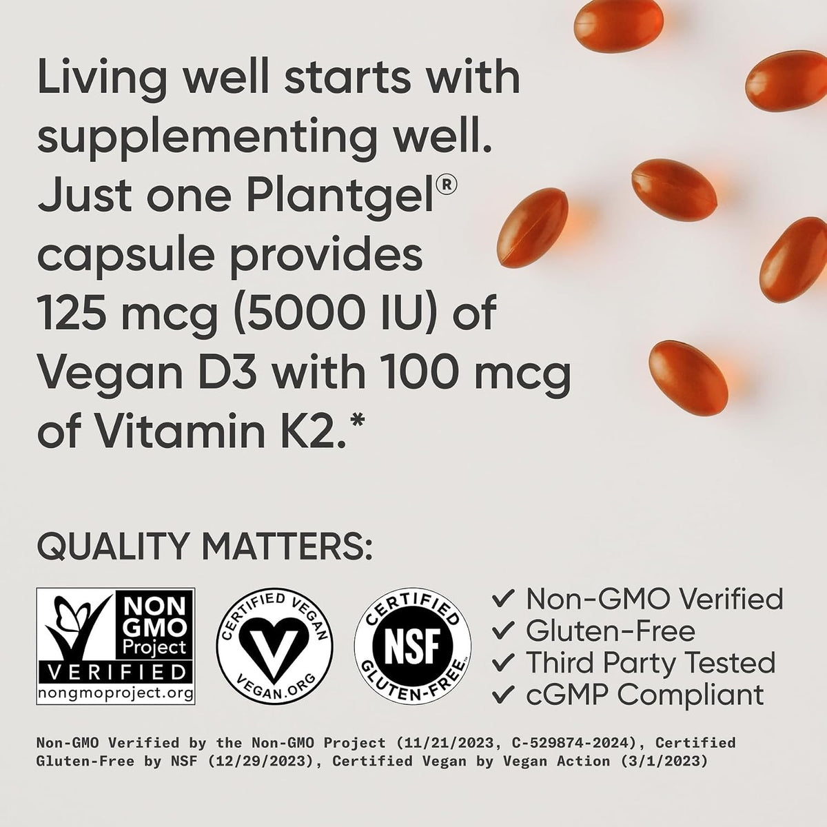 Sports Research® Vitamin D3 + K2 w/Coconut Oil - Vegan Vitamin D 5000iu (125mcg) & Mk7 Vitamin K 100mcg for Bone & Immune Support - Vegan Certified · Non-GMO · Soy Free - 30 Softgels