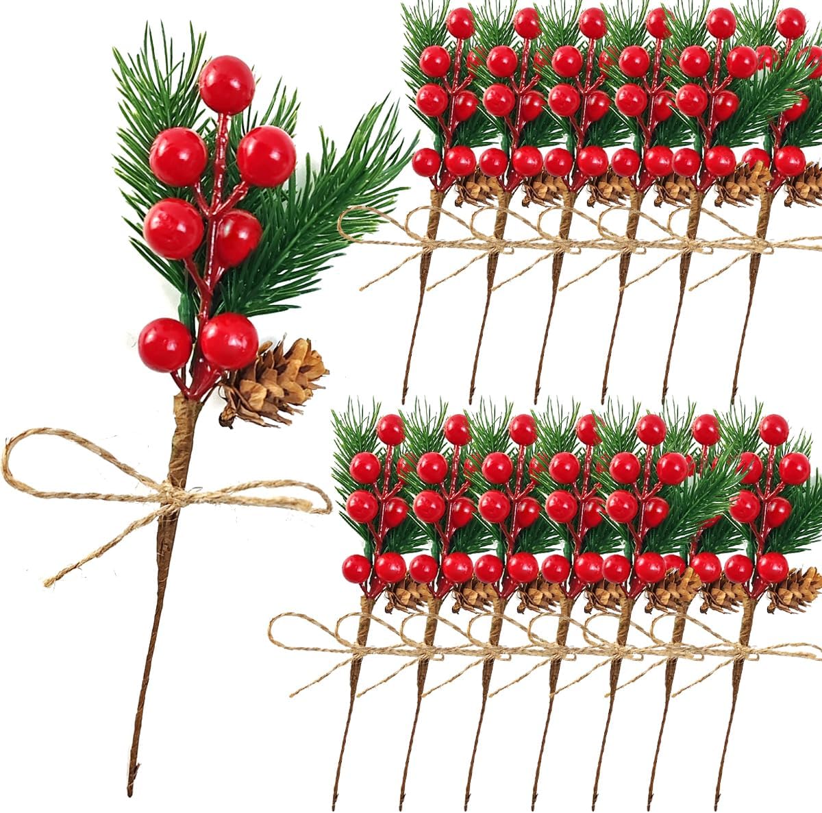 20PCS 8inch Pine Cone Red Berry Picks Stems Crafts Branch Christmas Wreath, Holly Artificial Evergreen Branches Tiny Pine Cones Picks Décor Floral Picks for Christmas Flower Wreaths DIY