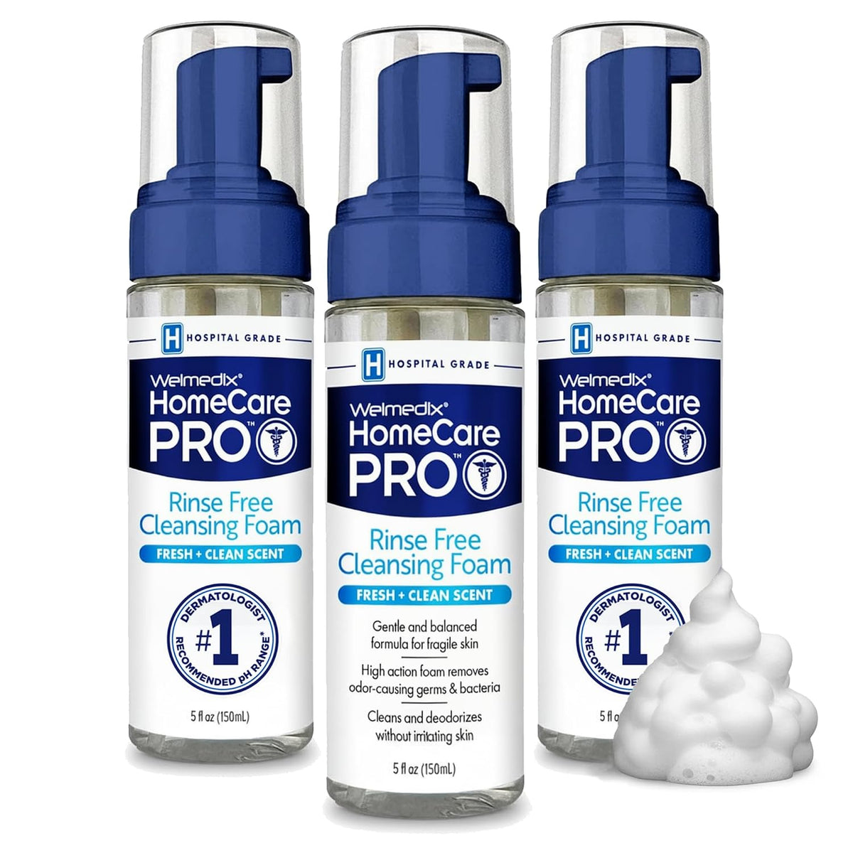 Welmedix No Rinse Cleansing Foam - Rinse Free & Waterless Body Wash | 3-in-1 Shampoo & Foaming Cleanser - Hospital Grade & pH Balanced - Gentle on Sensitive Skin - 5oz, Pack of 3