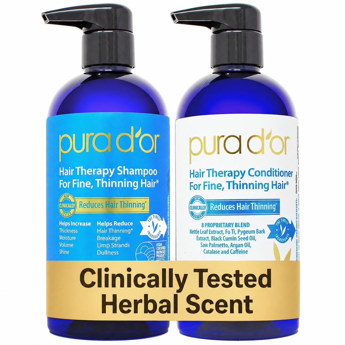 PURA D'OR Anti-Thinning Biotin Shampoo & Hair Regrowth Conditioner, CLINICALLY TESTED Effective Results, Thickening Herbal Blend For Women & Men, Original Gold Label Set, Natural Earthy Scent, 16oz x2