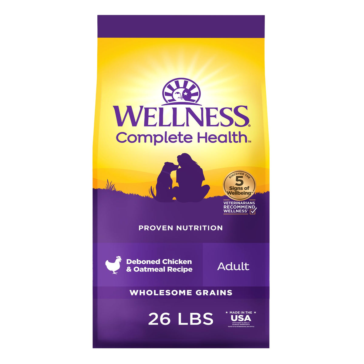 Wellness Complete Health Adult Dry Dog Food, Wholesome Grain Kibble, Natural, Chicken and Oatmeal Recipe, 30 lb Bag