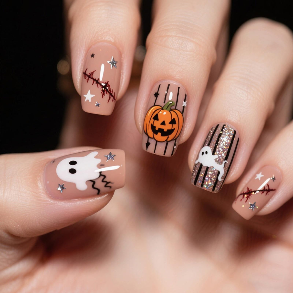 48Pcs Halloween Press on Nails Ghost Stick on Fingernails Monster Short Square False Nails Glossy Black Spider Web Acrylic Fake Nail Skull Gel Glue on Nail for Coquette Women Girls
