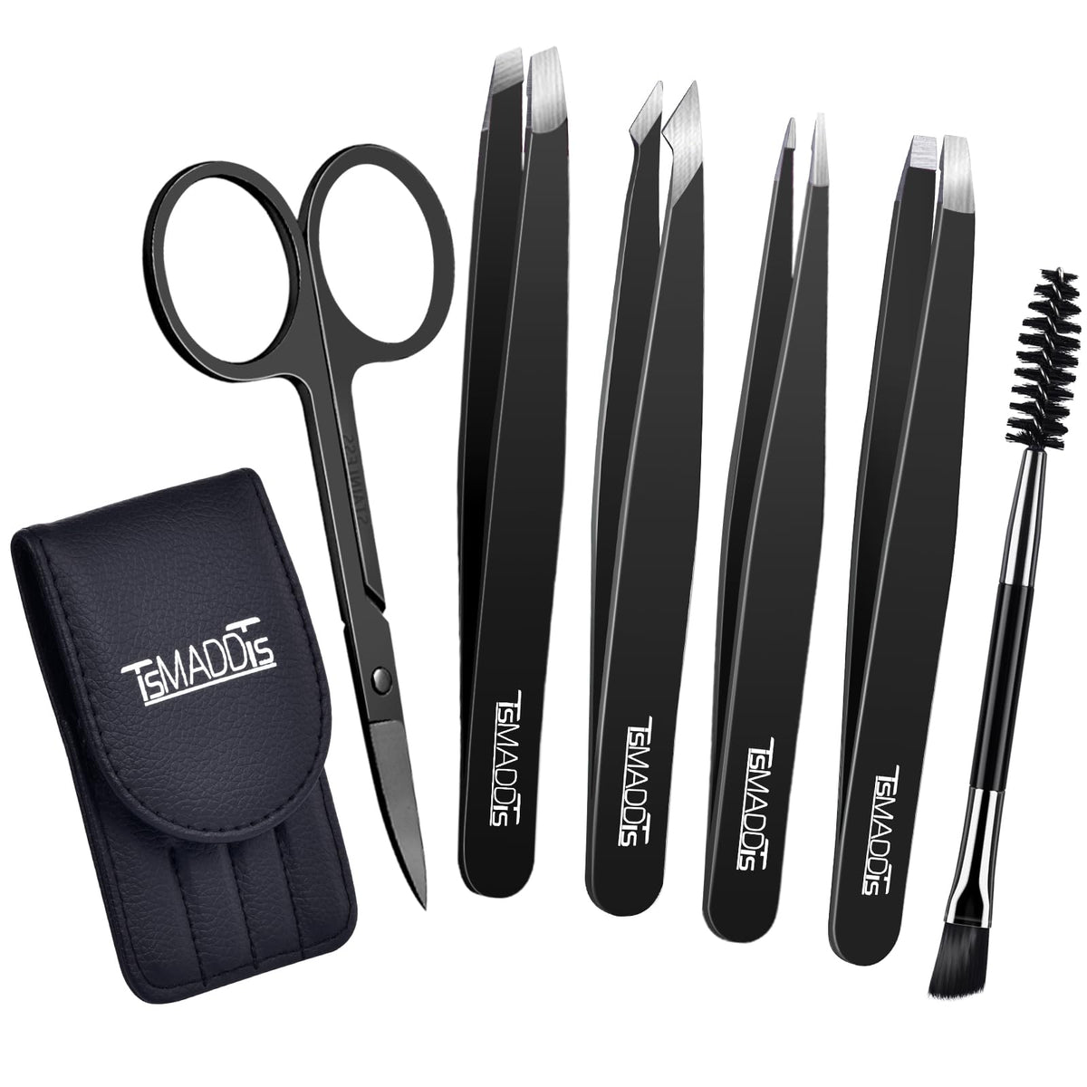 TsMADDTs 6 pcs Tweezers Set for Women, Eyebrow Tweezers with Curved Scissor for Ingrown Hair, Hair Plucking Daily Beauty Tools with Leather Travel Case
