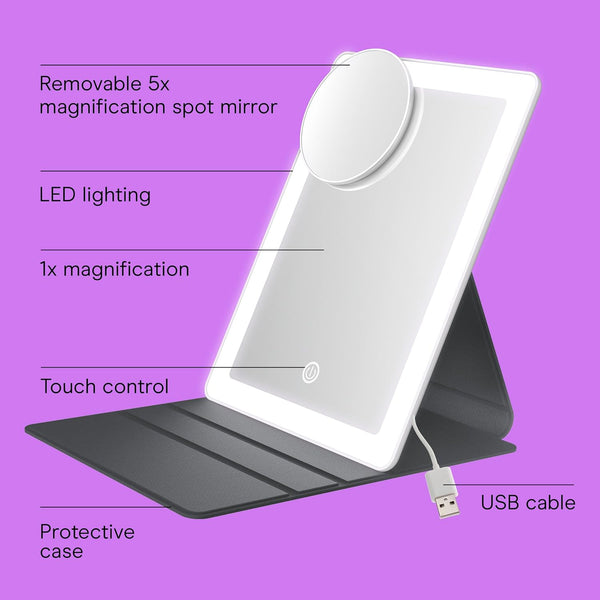 Conair Lighted Makeup Mirror, LED Vanity Mirror, 1X/5X Magnifying Mirror, Foldable with Case, Battery Operated and Rechargeable in White