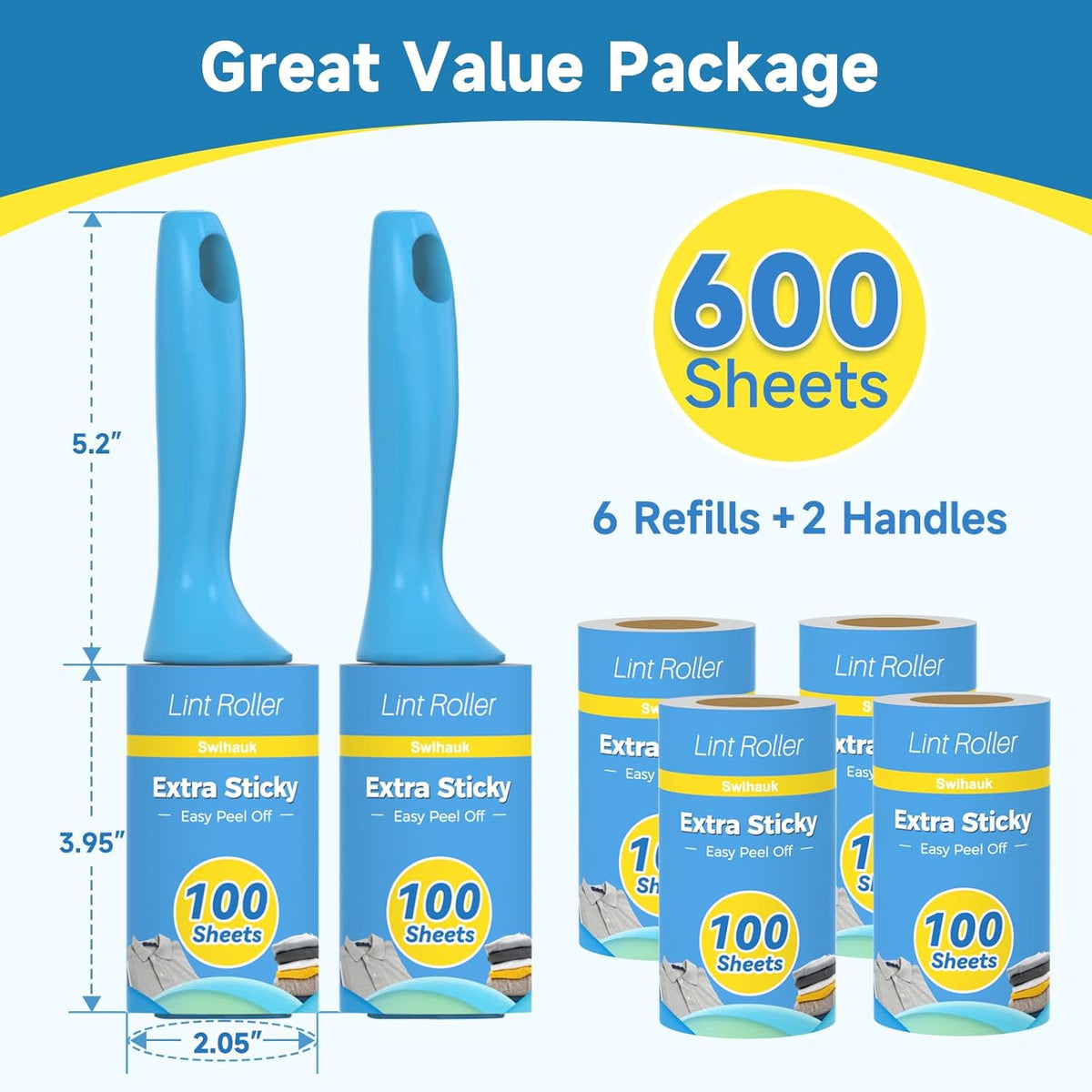 Swihauk 600 Sheets Extra Sticky Lint Rollers for Pet Hair | Easy Spiral Tear Lint Roller for Clothes with Ergonomic Handle, Multipurpose Lint Remover for Furniture, Carpet, Car Seat