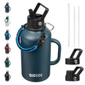 BJPKPK Half Gallon Insulated Water Bottles with Straw Lid & Side Handle, 64oz Large, Stainless Steel Water Bottles with 3 Lids and Paracord Strap, Metal Water Jug,Black