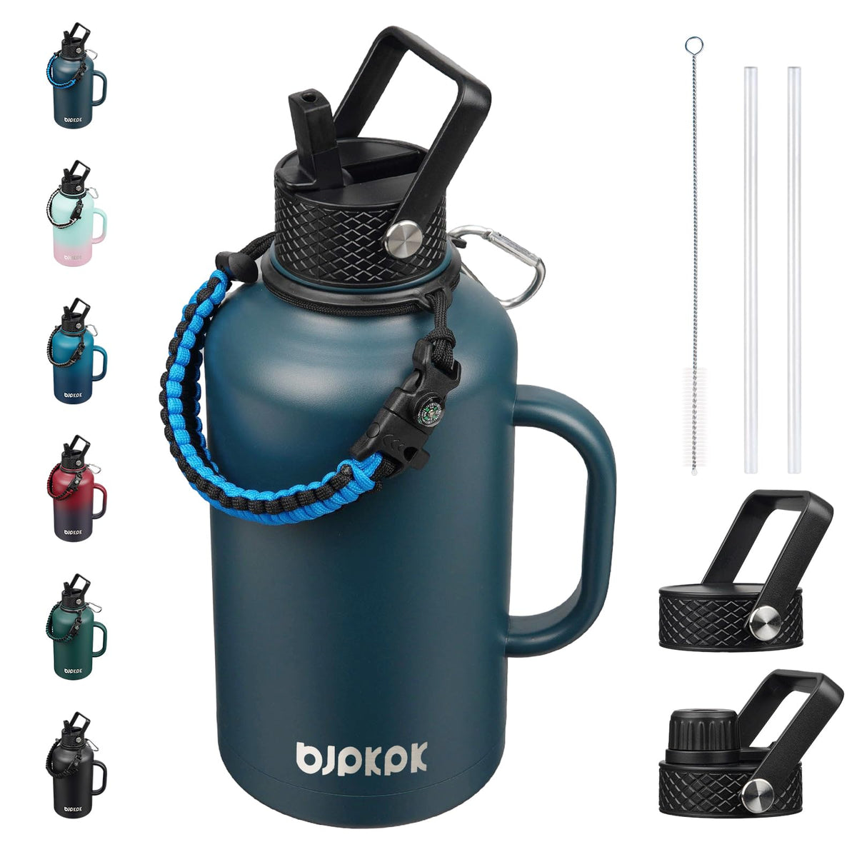 BJPKPK Half Gallon Insulated Water Bottles with Straw Lid & Side Handle, 64oz Large, Stainless Steel Water Bottles with 3 Lids and Paracord Strap, Metal Water Jug,Black