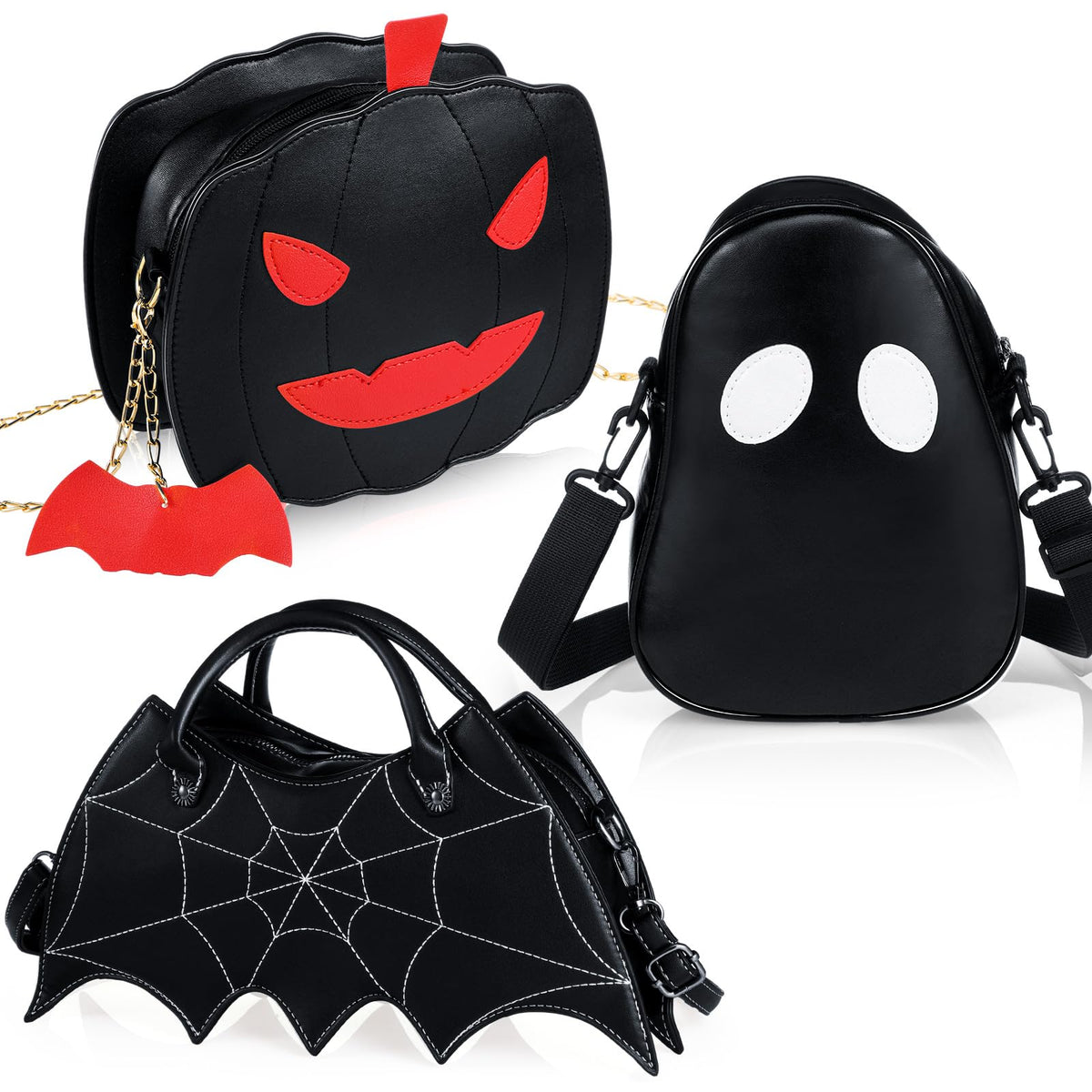 Hillban 3 Pcs Halloween PU Leather Bat Spider Web Shoulder Bag