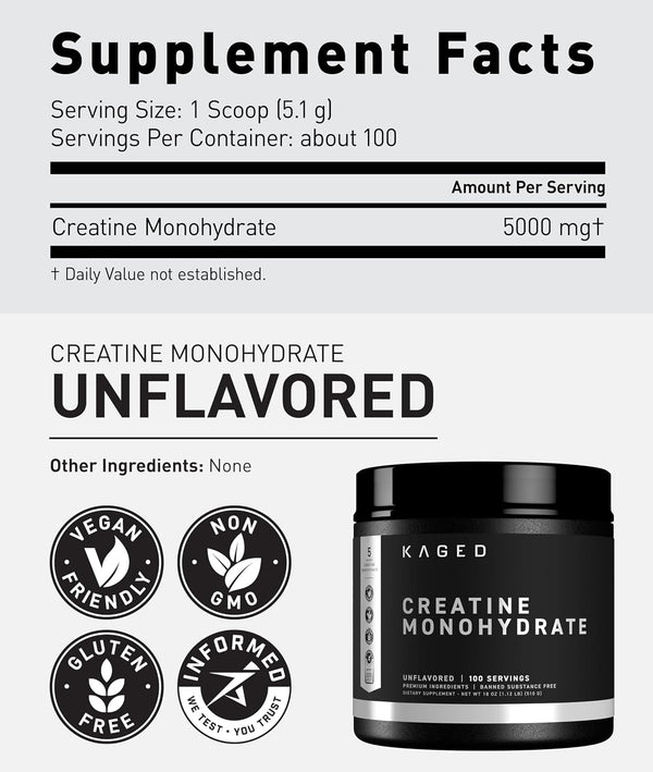Kaged Creatine Monohydrate Micronized Powder | Unflavored | Muscle Building & Recovery | 5000 mg Per Serving | Vegan, Gluten Free, Easily Digestible | Supplements for Men & Women | 100 Servings