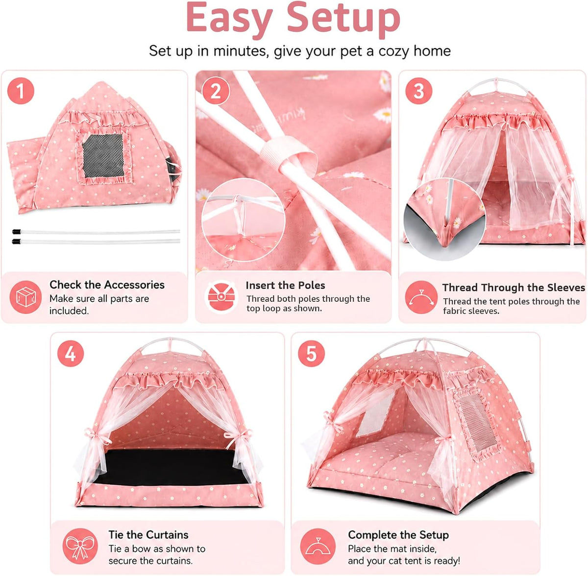 Pink Princess Cat Bed Dog Tent, Indoor House for Small Puppies and Kittens | Portable Pet Teepee Bunny Nest Foldable Cozy Cave Hideaway Washable Cushion Reversible Mat Home Use, 15.7 x 15.7 x 14.6 in