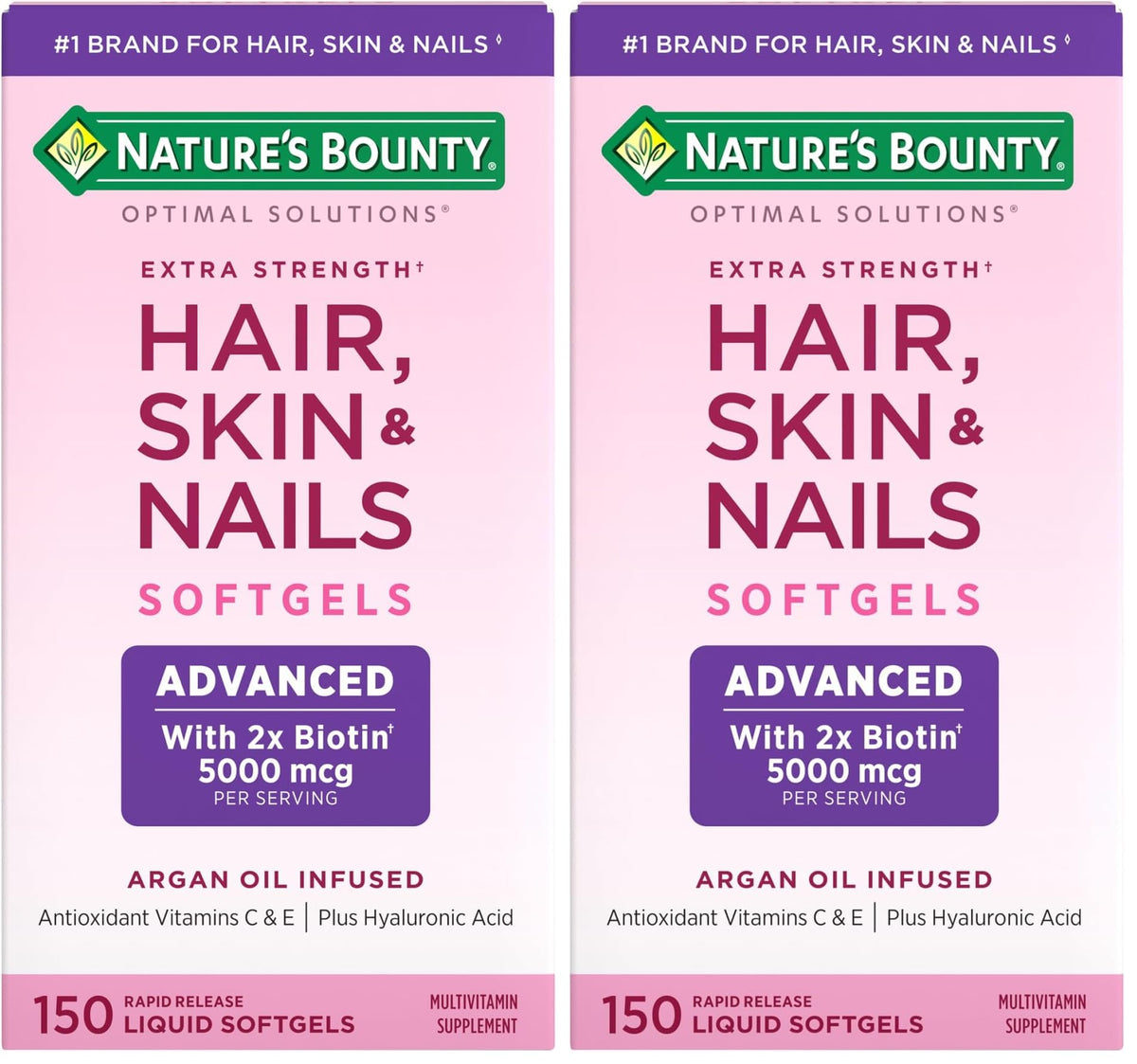 Nature's Bounty Advanced Hair, Skin & Nails, Argan-Infused Vitamin Supplement with Biotin and Hyaluronic Acid, 150 Rapid Release Softgels, 50 Total Servings