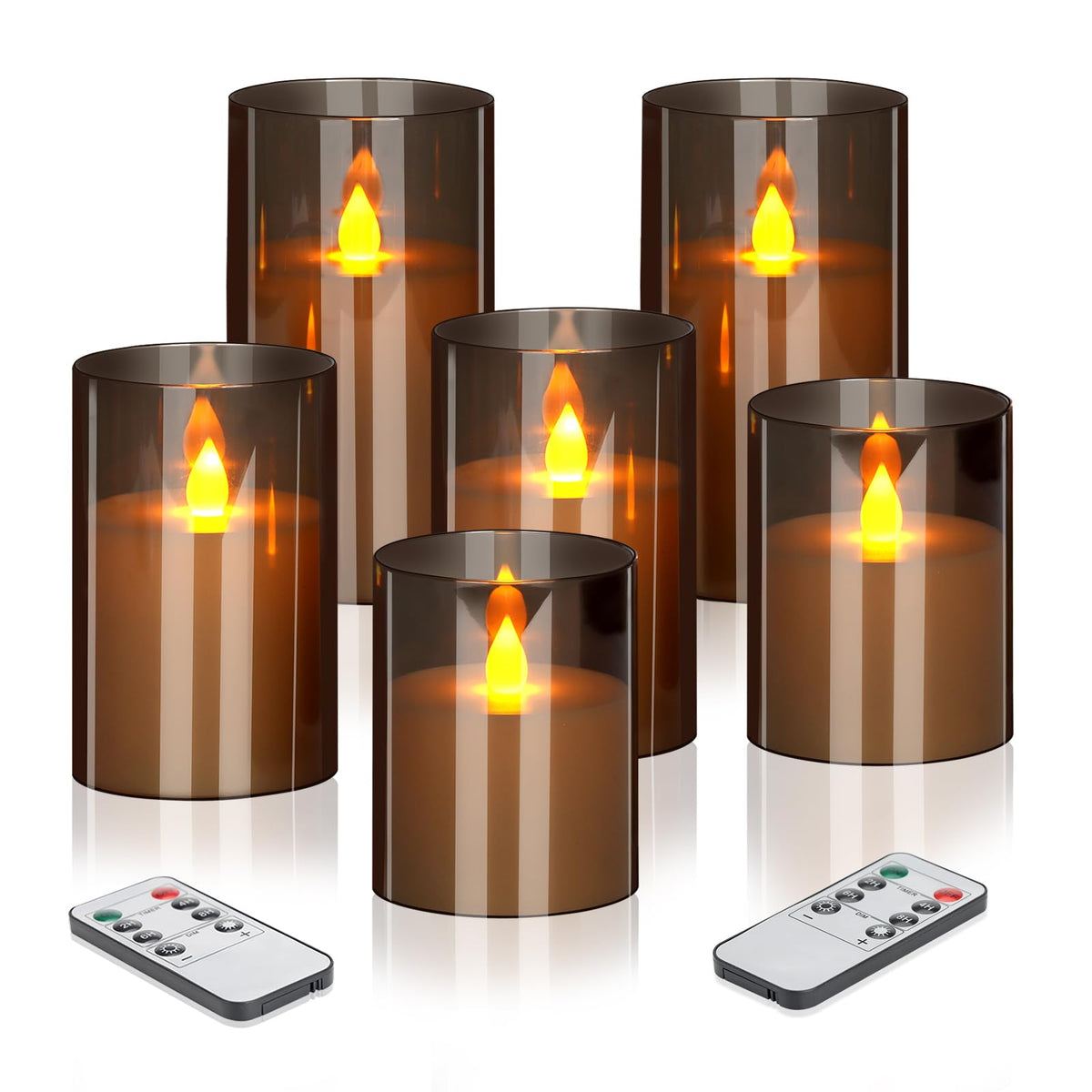 wemarry Flameless Candles 4" 5" 6" Acrylic Glass Pillars 3" Diameter Battery Operated Flickering Candles Include 8-Key Remote with Timer Function 400+ Hours (Gray, Warm Light 3 Pack)