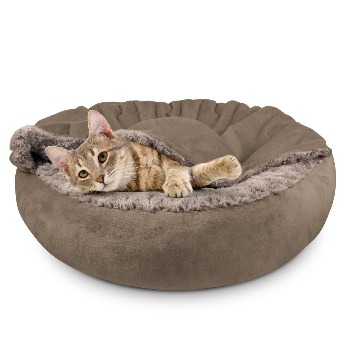 JOEJOY Small Dog Bed Cat Bed with Hooded Blanket, Cozy Cuddler Luxury Puppy Pet Bed, Donut Round Calming Anti-Anxiety Dog Burrow Cave Bed - Anti-Slip Bottom and Machine Washable 23 inch
