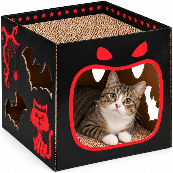Cinrobiye Cardboard Cat House with Scratcher, Gothic Halloween Cat Scratcher Box with 2 Corrugated Scratch Pads, Open Top Indoor Cat Hideaway Bed for Cats and Kittens