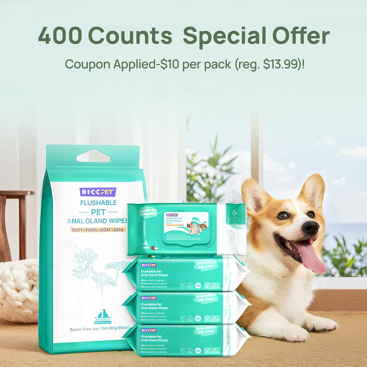 HICC PET Wipes for Dogs & Cats, Cleaning Deodorizing External Anal Area Wipes, Hydrating & Nourish Fur Dog Grooming Wipes for Paw, Butt, Body