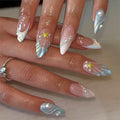 Stilettos Press on Nails White French Tip False Nails Glossy Extra Long Natural Glue on Nail Reusable Artificial Acrylic Stick on Nail for Women
